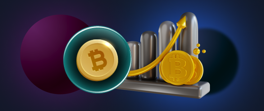 Bitcoins, accompanied by an upward-pointing chart and arrow, symbolizing the bullish trend in the world of cryptocurrencies.