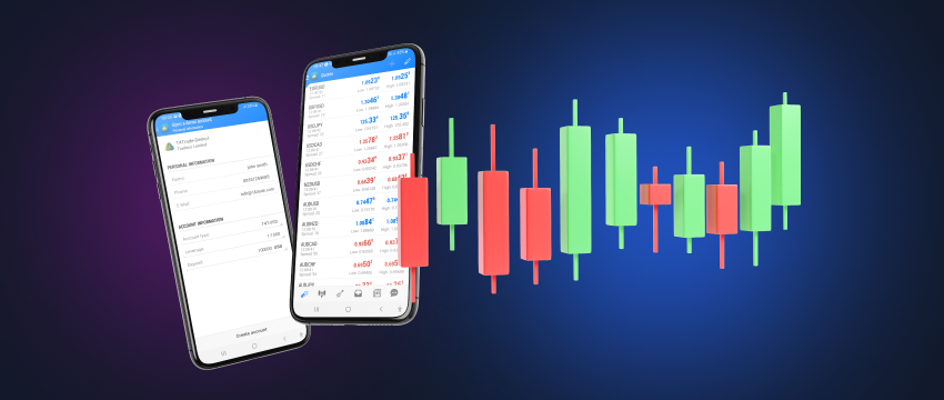 Two mobiles showcasing live forex data alongside candlestick charts, utilizing a dedicated trading app for market analysis and execution.