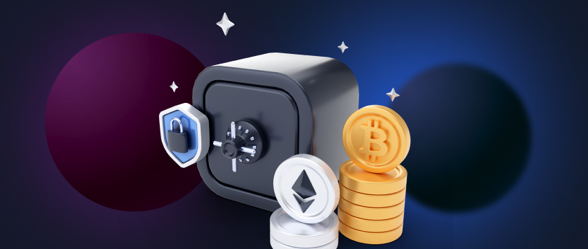 Cryptocurrencies positioned alongside a strongbox, emphasizing their secure and digital nature.