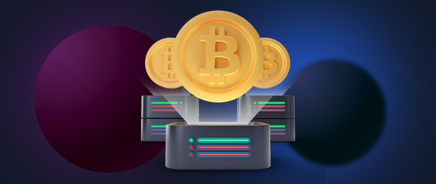 Servers with a Bitcoin positioned above them, illustrating the infrastructure supporting cryptocurrency networks.