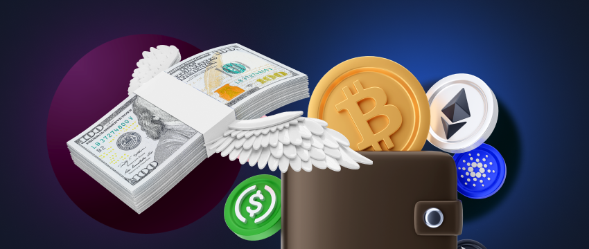 A wallet surrounded by Bitcoins, with a dollar bill positioned above, depicting the convergence of cryptocurrencies and traditional currency.