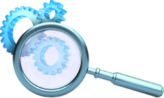 A magnifying glass with gears on a blue background, symbolizing the combination of precision and technology.