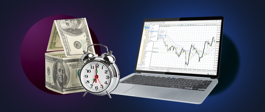 Laptop displaying financial data with dollar signs, accompanied by a clock