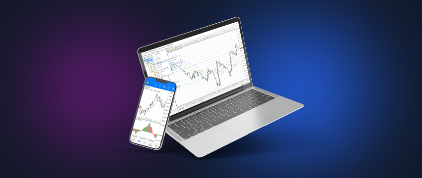A laptop and a mobile device both displaying MetaTrader 4, providing flexibility for trading on various platforms.