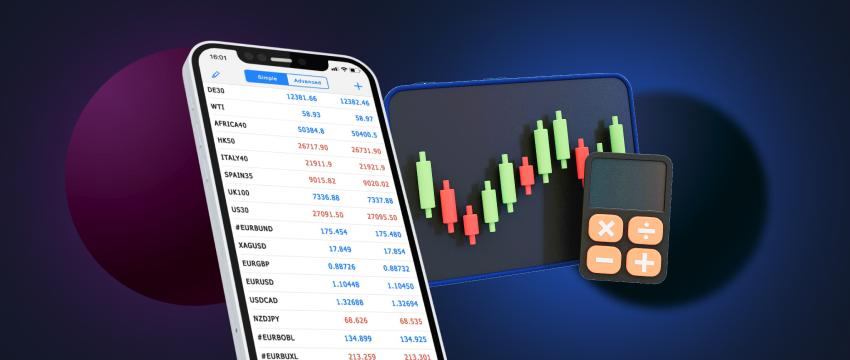 A mobile displaying forex data, a tablet with candlestick charts, and a calculator, all interconnected through MT4 for comprehensive trading analysis.