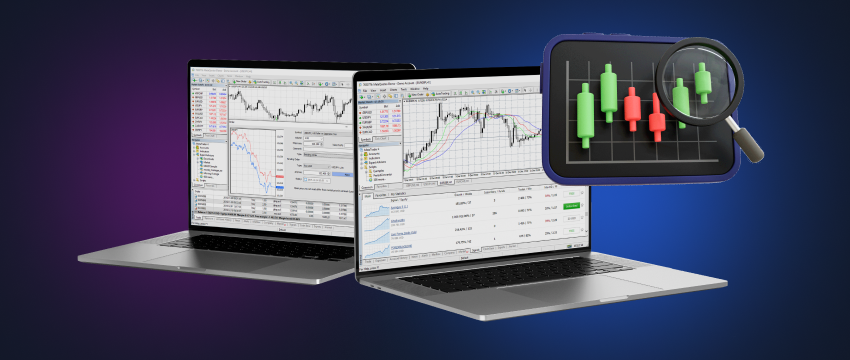 Two laptops displaying forex data, accompanied by a tablet showing charts, all powered by the MT4 platform for comprehensive analysis.