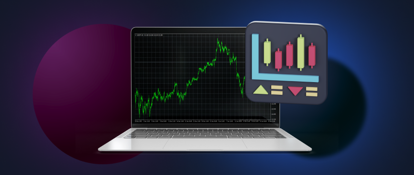 A laptop presenting forex data, with a tablet displaying candlestick charts in front of it, both connected via MT4 for trading analysis.