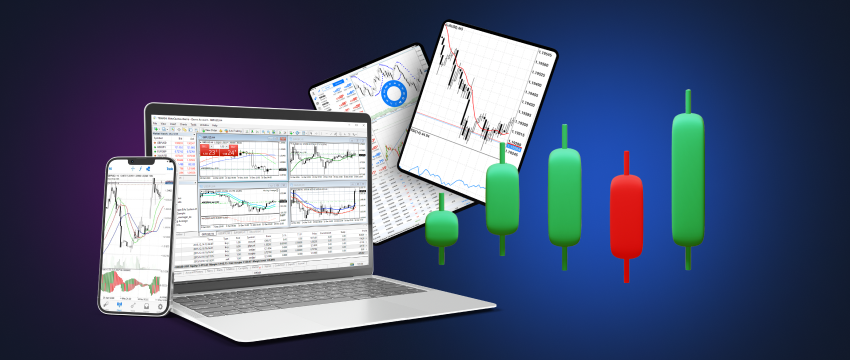 Multiple devices simultaneously displaying MetaTrader 4 and candlestick charts for comprehensive trading analysis.