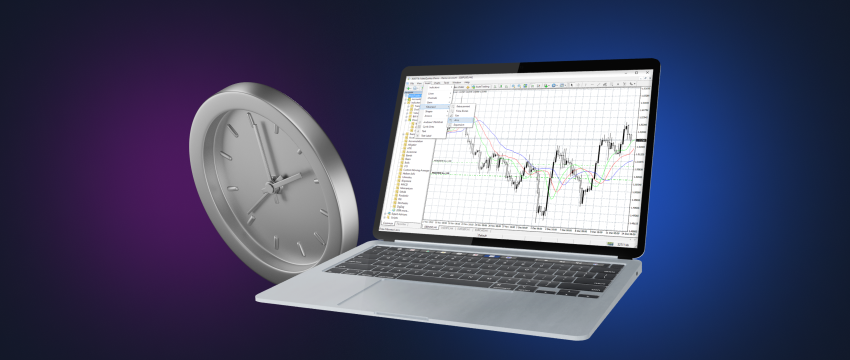 A clock and a laptop displaying forex data.