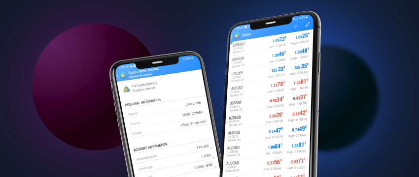 Two mobiles displaying real-time forex data through a trading app, enabling convenient and on-the-go market monitoring.
