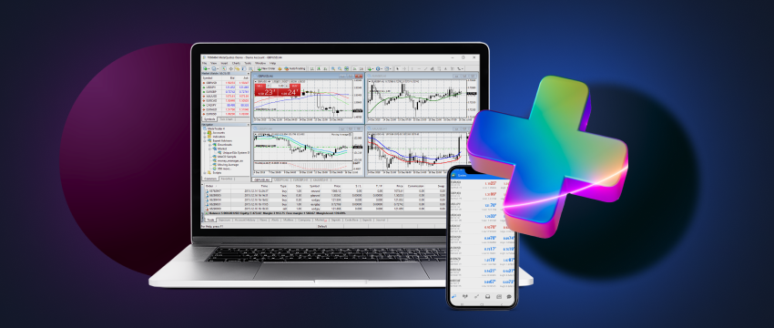 A laptop and a mobile both presenting MetaTrader 4, with a 'plus' sign signifying their combined trading potential.