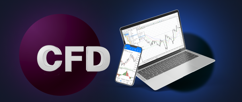 Laptop and mobile devices presenting CFD trading data with a CFD sign in close proximity
