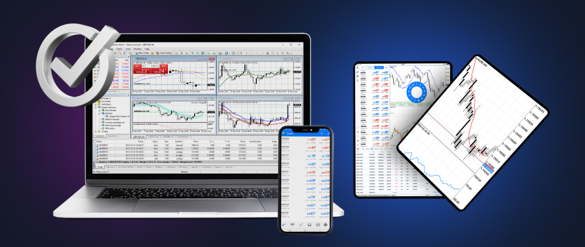 Laptop, smartphone, and tablet simultaneously displaying live forex market data.