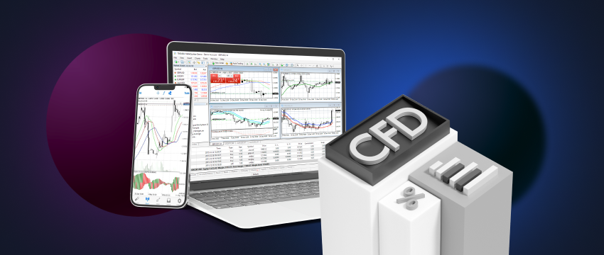 Laptop and mobile displaying forex trader data along with a CFD chart.