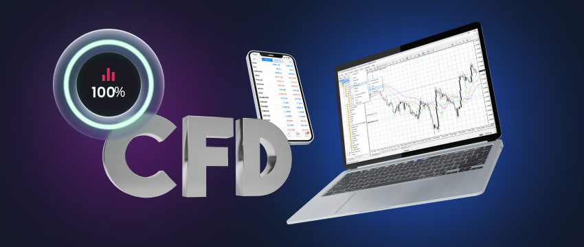 A laptop and a mobile displaying CFD trading data with a CFD sign nearby.