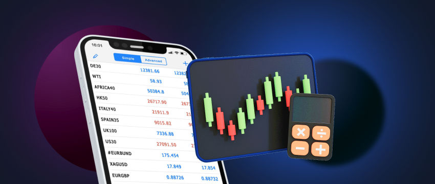 a mobile phone, a candlestick chart and a calculator depicting what is CFD vs forex trading