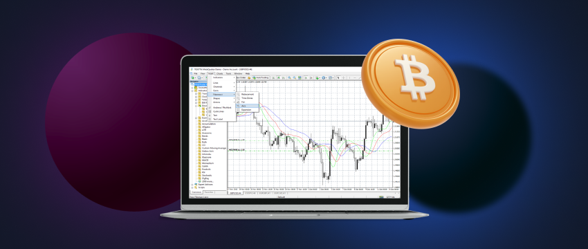 A laptop displaying MetaTrader 4 data with a prominent Bitcoin in front of it, highlighting the relationship between cryptocurrency and trading.