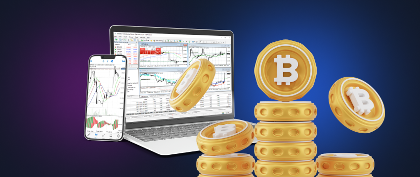 Bitcoins positioned in front of a laptop and a mobile device displaying MetaTrader 4, illustrating the convergence of digital currency and trading technology.