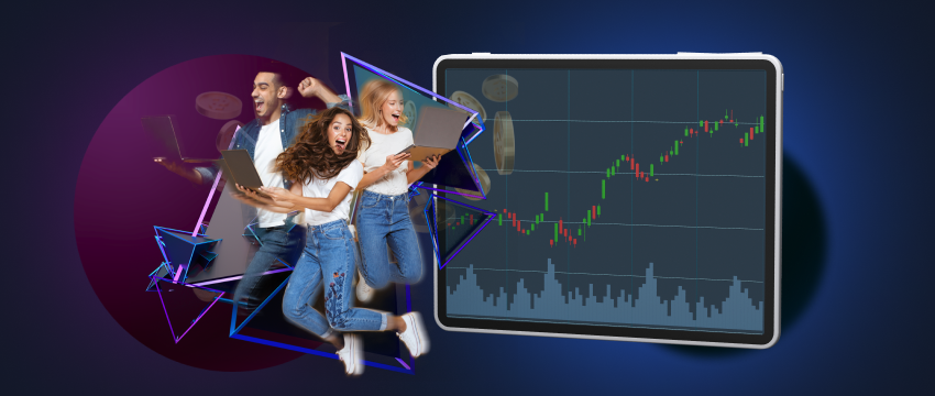 Forex traders jumping in front of tablet with graph, symbolizing business success and growth