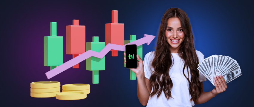 A forex trader holding money, with a mobile device, coins, and candlestick charts in the background