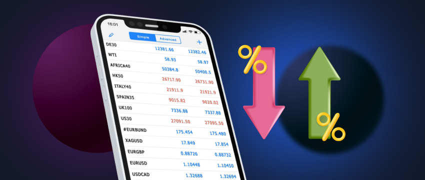 A forex trading list on a cell phone, displaying current prices and changes.