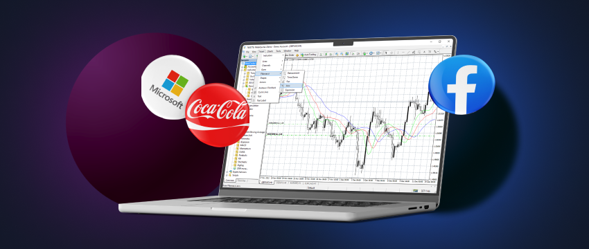 A laptop displaying MT4 with icons of Facebook, Coca-Cola, and Microsoft, representing CFD stock trading in these companies.