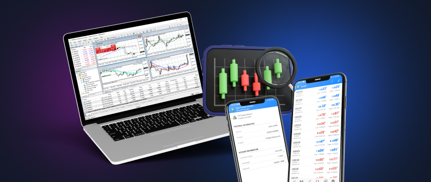 A laptop surrounded by two mobiles, all displaying charts, symbolizing active trading in CFD stocks.
