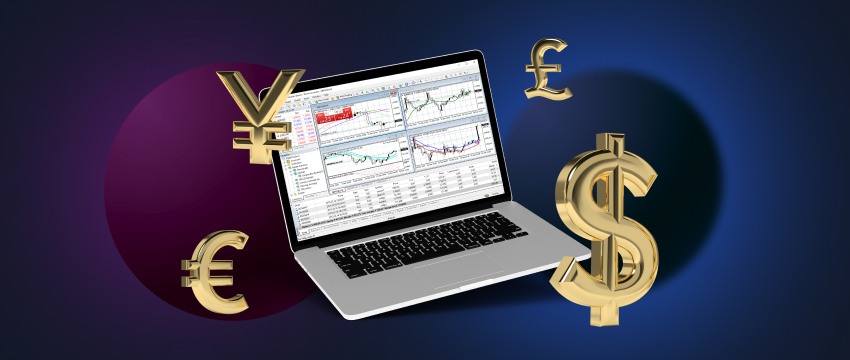 Capture the essence of Forex trading with a laptop icon, surrounded by a radiant circle of golden currencies