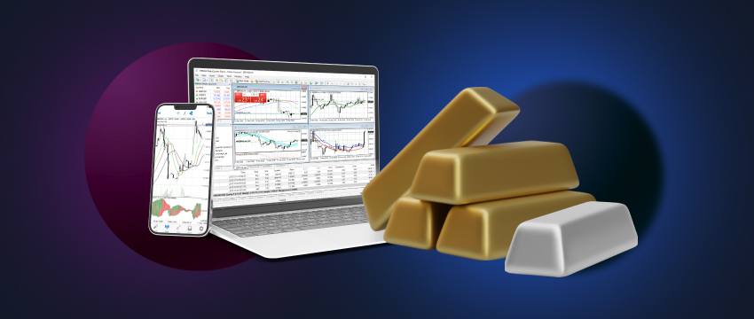 A laptop and a mobile device both displaying MT4 data, positioned next to metal bars, symbolizing the convergence of technology and metal trading