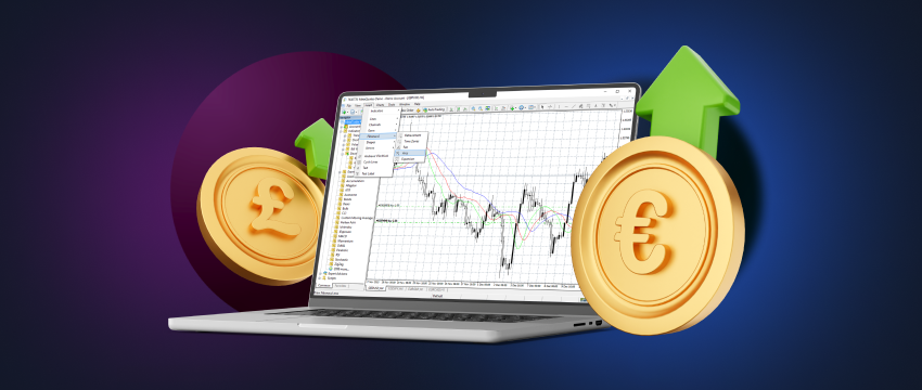 A laptop screen showcasing live Forex data flanked by Pound and Euro coins, symbolizing currency pairs 