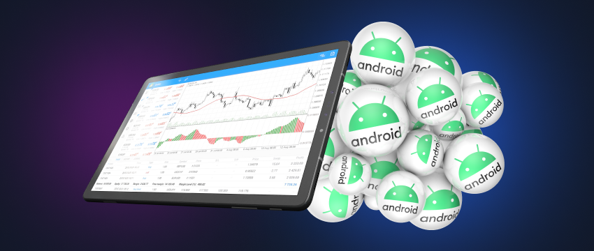 Android tablet screen displaying MT4 platform and forex data