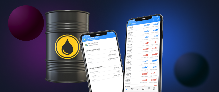 "An oil barrel with two mobiles displaying trading data, illustrating the integration of technology in the oil industry.