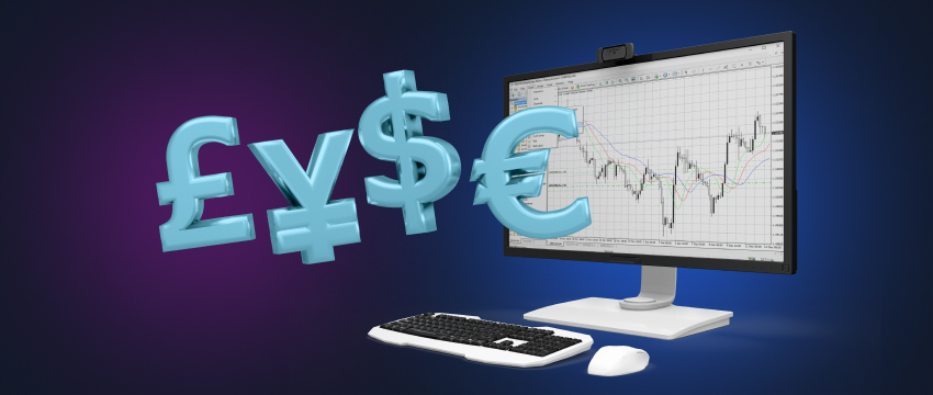 A PC displaying forex data, initiating trading, surrounded by currency symbols