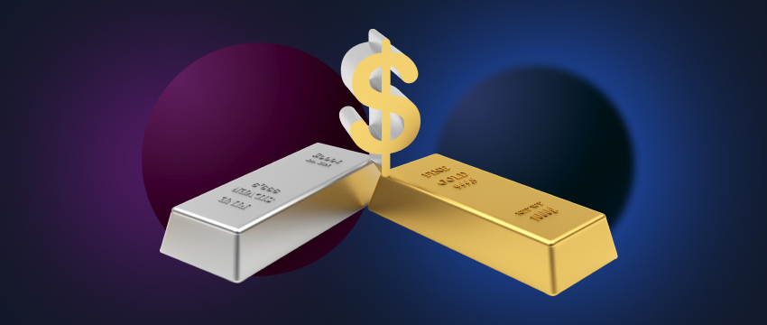 Gold and silver bars topped with a dollar sign, emblematic of metal trading