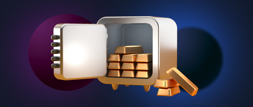 Um cofre seguro que contém barras de ouro, simbolizando os activos geridos por um comerciante de metais.