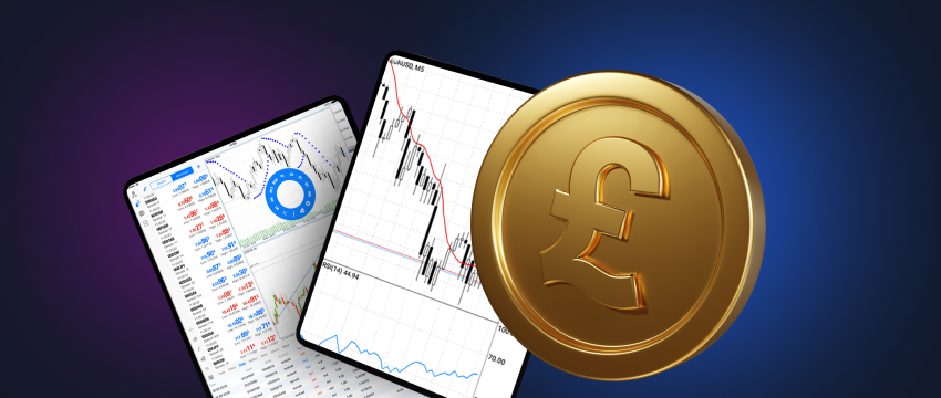 A British gold sovereign coin next to a tablet with forex charts, analyzing the currency pairs.