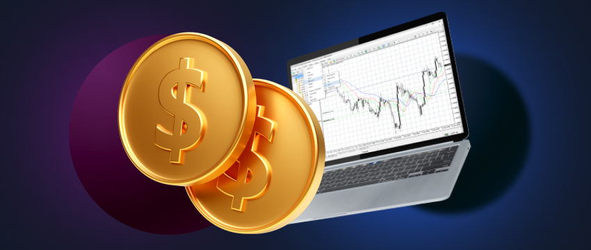 Two gold coins with a dollar sign next to a laptop computer with a forex chart on the screen on mt4 platfrom