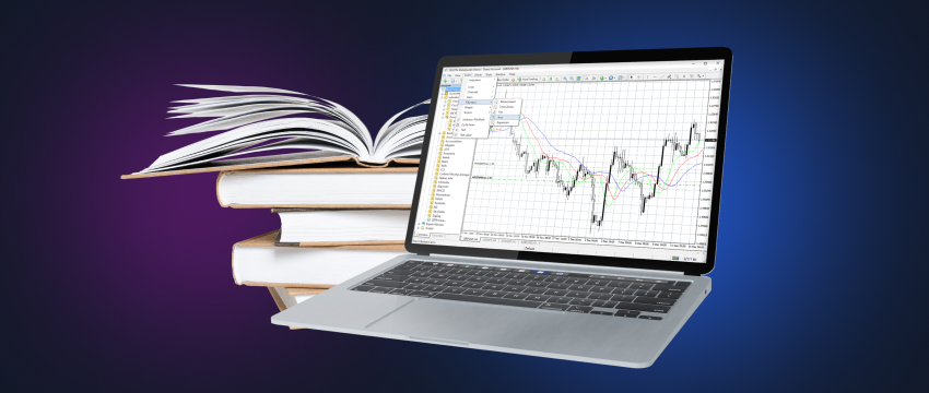 Learn forex trading fundamentals and strategies with books and a laptop. Metatrader platfrom can help you to analyze the market