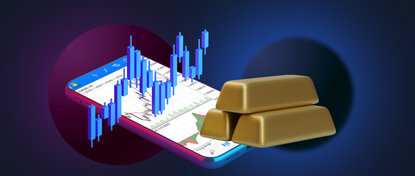 Uma pilha de barras de metais preciosos junto a um smartphone que apresenta um gráfico do mercado bolsista com destaque para o comércio de metais.