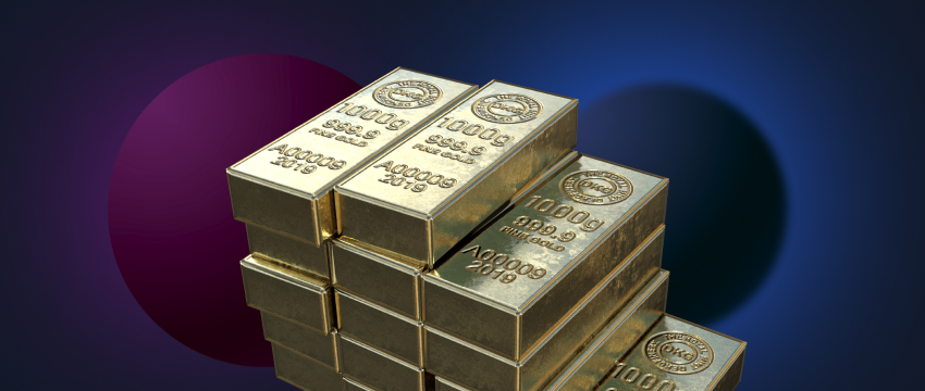 A stack of gold metal bars of different weights and sizes, with the text "10000 PAR BOLD 2019", "1000 2019", "10009 199.9 FUIT GOLD 2019" printed on them.