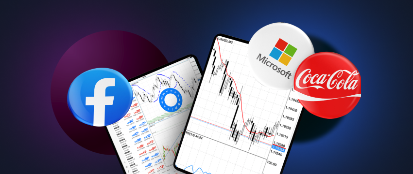 Em segundo plano, encontram-se os logótipos que representam as acções da Coca-Cola, Microsoft e Facebook. A plataforma do seu tablet está preparada para negociar quando abre o MetaTrader 4