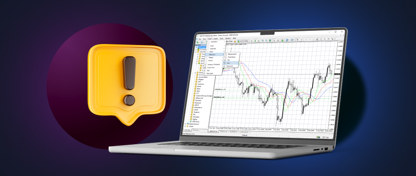 Laptop computer with Mt4 stock chart on screen, yellow exclamation point next to it on purple background.