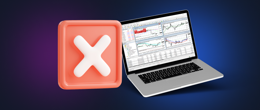 A red x next to a laptop computer indicates an error or problem. Also on the screen of the laptop appears mt4 forex charts