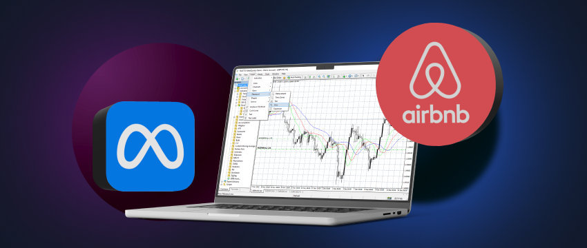 A Laptop device with MT4 screen and analysis for shares trading with CFDs. The Airbnb and Meta logo is visible.