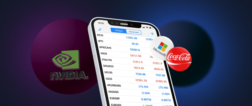Cell phone with a stock trading app open on the screen, showing stock prices for Coca-Cola, Nvidia, and Microsoft.