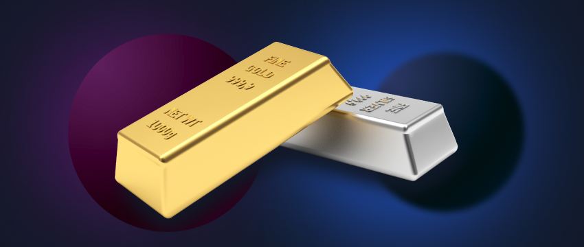 Uma barra de ouro e uma barra de prata, emblemáticas das mercadorias transaccionadas por um comerciante de metais.