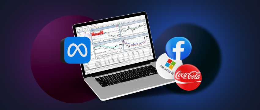 Laptop computer with a stock chart on the screen surrounded by logos of Coca-Cola, Facebook, and Microsoft.