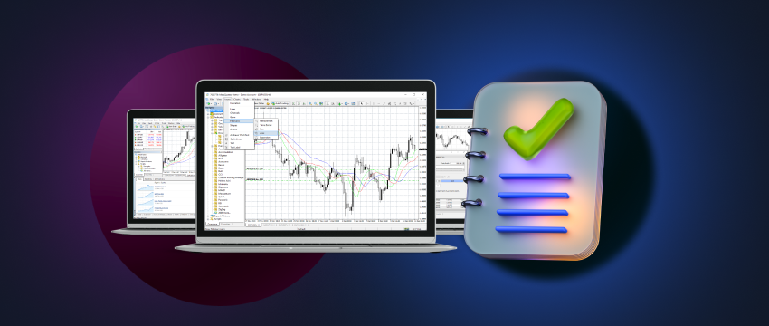 2 laptops and a computer screen with a tick mark, displaying cfd trading and mt4