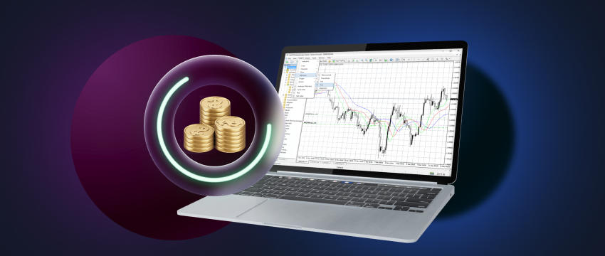 Currency traders using a laptop with MT4 software, exchanging coins for profit in forex trading.