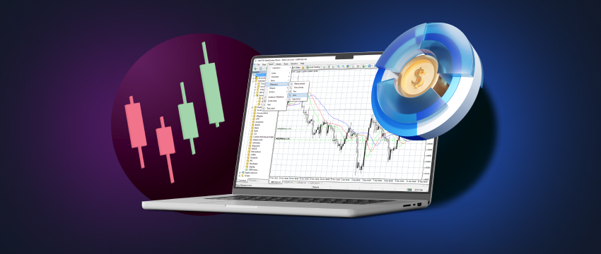 A laptop displaying a chart and a coin, symbolizing trading skills. The image represents a successful trader utilizing mobile MT4 technology.
